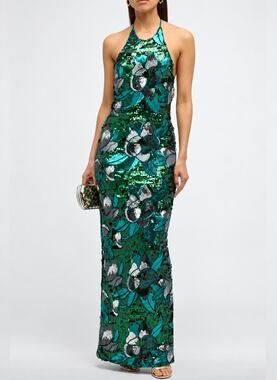 HELSI Uma Backless Sequin Floral Halter Gown in Viridian Green Size Small